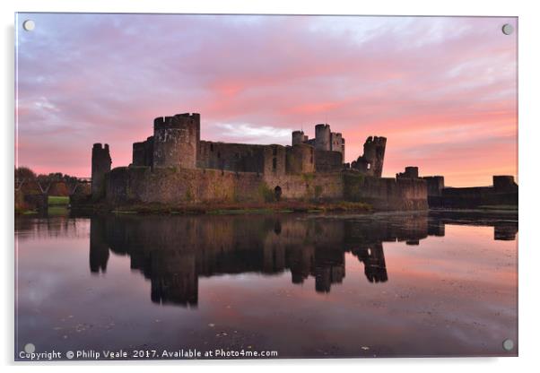 Caerphilly Castle Sunrise Reflection. Acrylic by Philip Veale