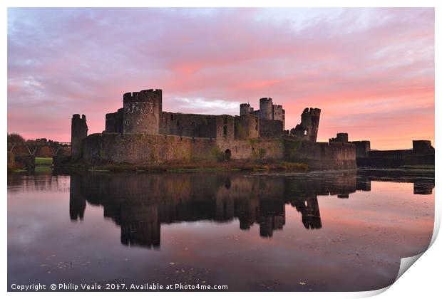 Caerphilly Castle Sunrise Reflection. Print by Philip Veale