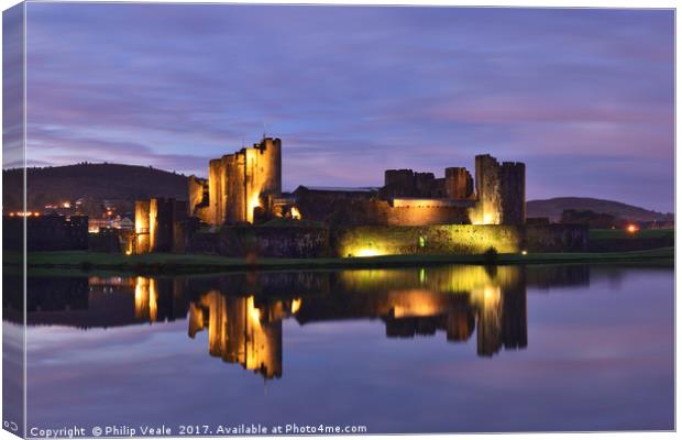Caerphilly Castle Floodlit Reflection. Canvas Print by Philip Veale