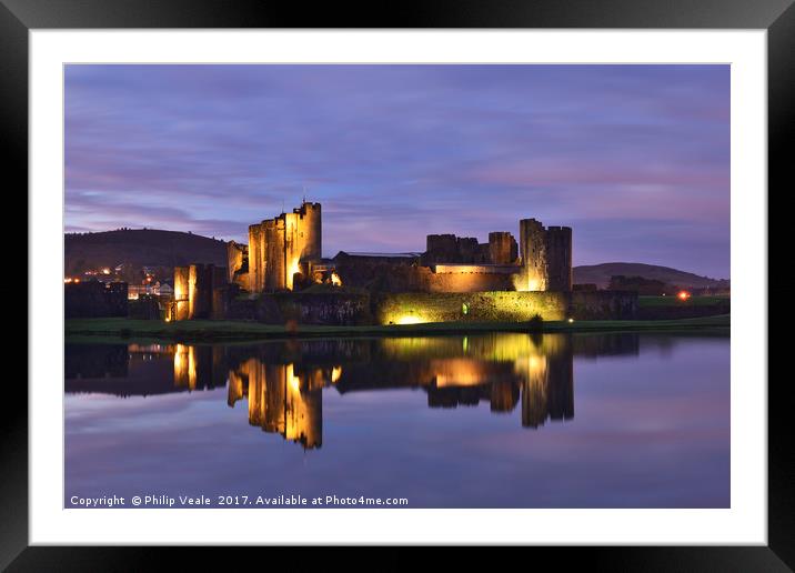 Caerphilly Castle Floodlit Reflection. Framed Mounted Print by Philip Veale