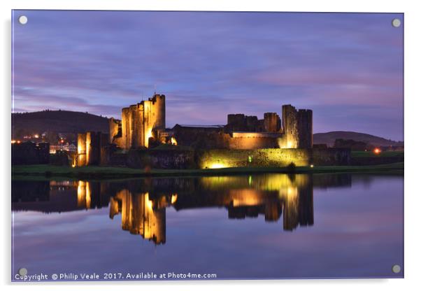 Caerphilly Castle Floodlit Reflection. Acrylic by Philip Veale