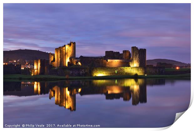 Caerphilly Castle Floodlit Reflection. Print by Philip Veale