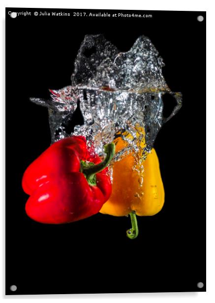 Red and Yellow pepper dropped in Water  Acrylic by Julia Watkins