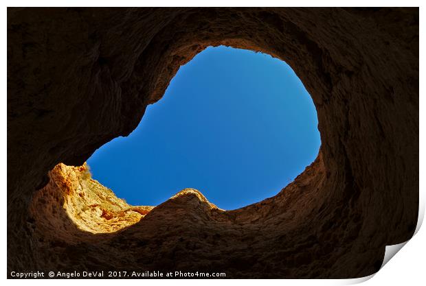 Blue sky thru cliff opening Print by Angelo DeVal