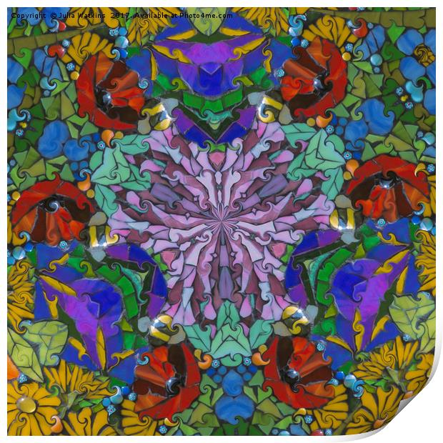 Poppies among flowers and foliage in mosaic style  Print by Julia Watkins