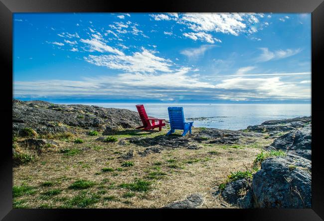 Adirondack Chairs looking to sea Framed Print by Alf Damp