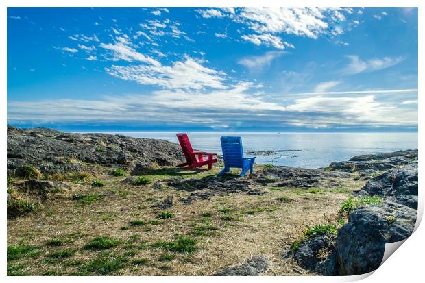 Adirondack Chairs looking to sea Print by Alf Damp