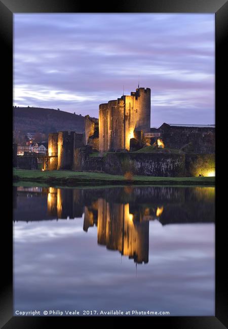 Caerphilly Castle Luminescent Dawn. Framed Print by Philip Veale