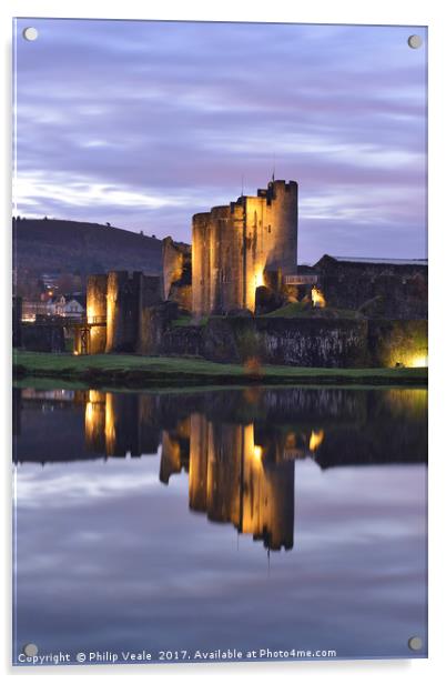 Caerphilly Castle Luminescent Dawn. Acrylic by Philip Veale