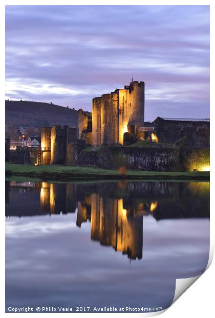 Caerphilly Castle Luminescent Dawn. Print by Philip Veale