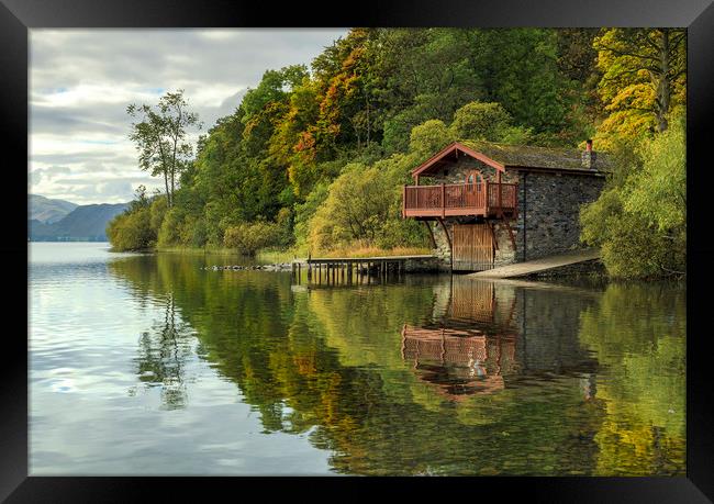 Pooley Bridge Boat House on Ullwater Framed Print by John Hall