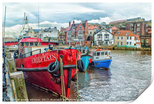 walking along Whitby Harbour Print by Antony Atkinson
