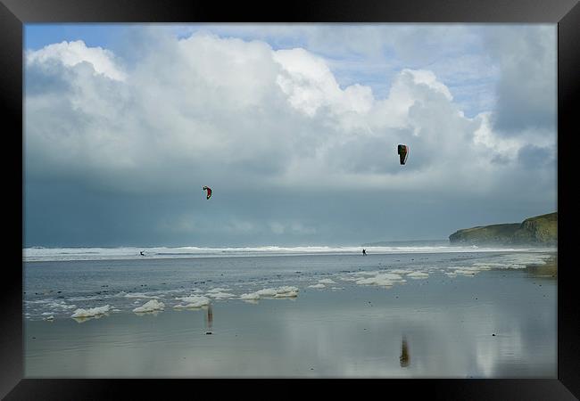 Kite Surfers atergate Bay Framed Print by David Wilkins