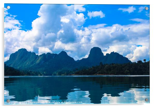 Beautiful lake landscape with jungle covered mount Acrylic by  