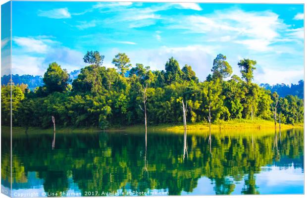 Beautiful lake landscape with jungle covered mount Canvas Print by  