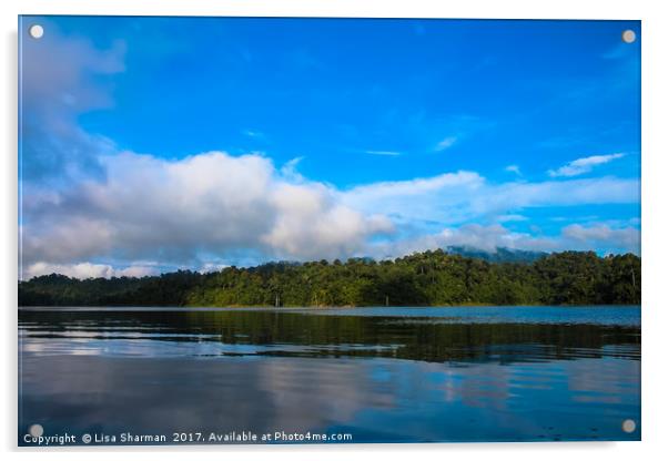 Beautiful lake landscape with jungle covered mount Acrylic by  