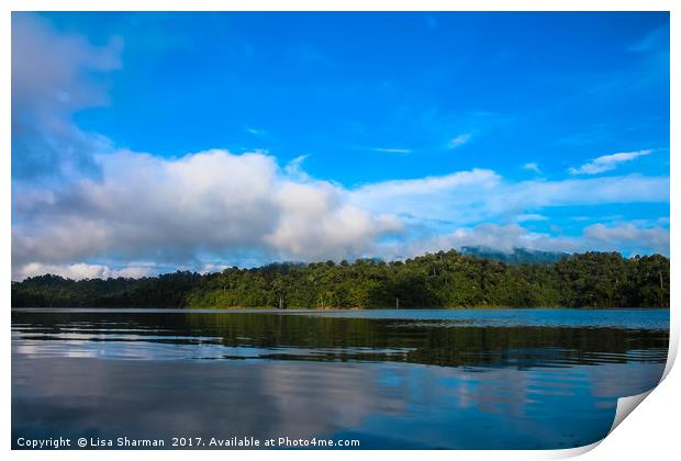 Beautiful lake landscape with jungle covered mount Print by  