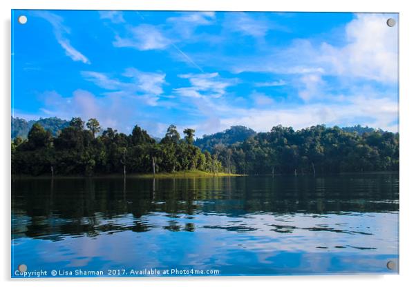 Tropical lake landscape with blue sky background Acrylic by  