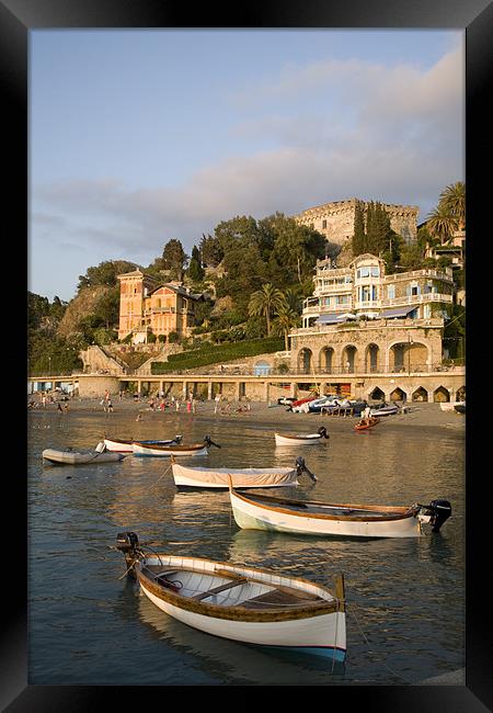 Boats moored at Levanto Beach. Framed Print by Ian Middleton