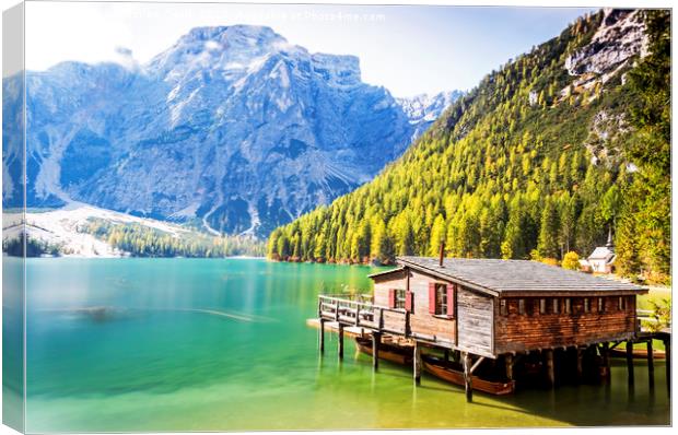 The boathouse at Lago di braies Canvas Print by Sebastien Coell