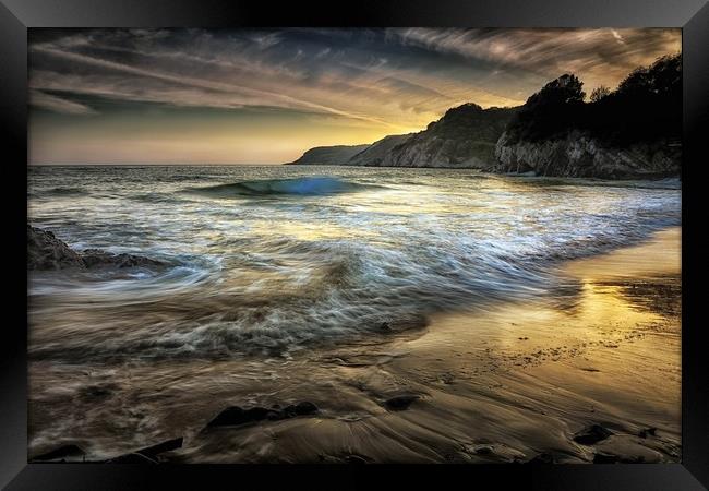 Dusk at Caswell Bay Framed Print by Leighton Collins