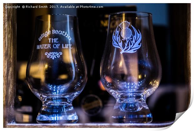 Whisky glasses in a Portree shop window Print by Richard Smith