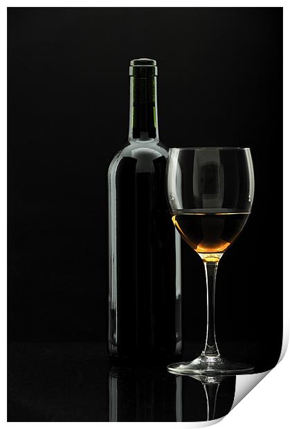 bottle of wine and wineglass over black, Print by Josep M Peñalver