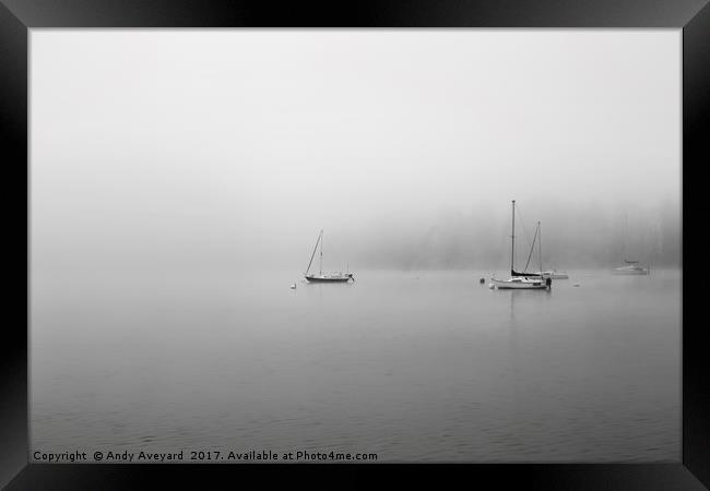 Yachts on a foggy lake Framed Print by Andy Aveyard