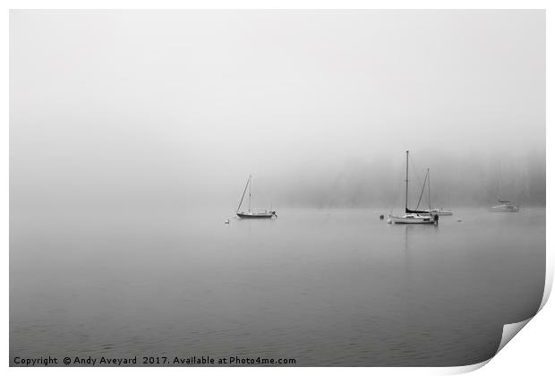 Yachts on a foggy lake Print by Andy Aveyard