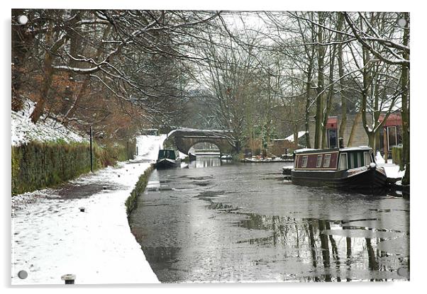 Narrowboat on the icy canal at Uppermill Acrylic by JEAN FITZHUGH