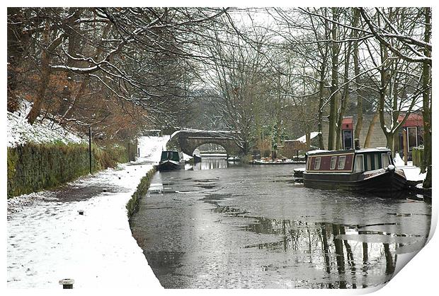Narrowboat on the icy canal at Uppermill Print by JEAN FITZHUGH