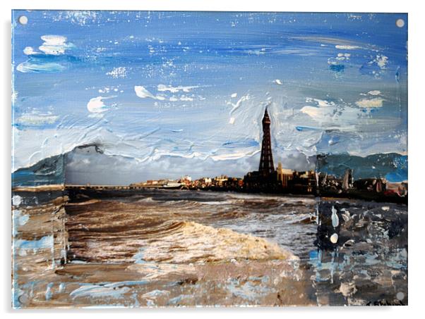 Arty picture of Blackpool Tower and the sea Acrylic by JEAN FITZHUGH