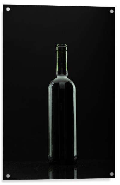 bottle of wine over black, reflexions. Acrylic by Josep M Peñalver