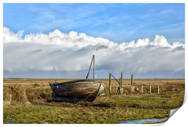 An old boat on Thornham marsh in Norfolk Print by Gary Pearson