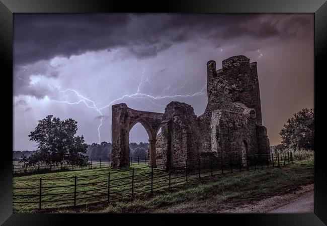 Lightning over the ruins of St Mary’s Church Framed Print by Gary Pearson