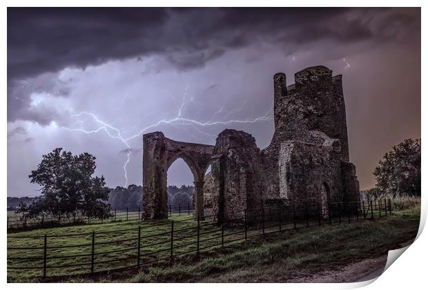 Lightning over the ruins of St Mary’s Church Print by Gary Pearson