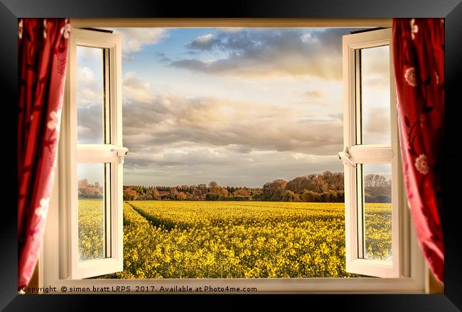 Window open with a view onto farm crops Framed Print by Simon Bratt LRPS