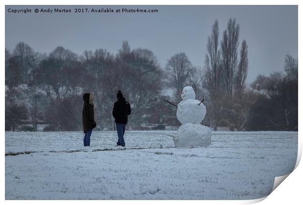 Snowman at Braunstone Park Print by Andy Morton