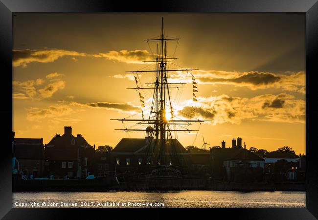 Magnificent sunset view of HMS Trincomalee at Hart Framed Print by John Stoves