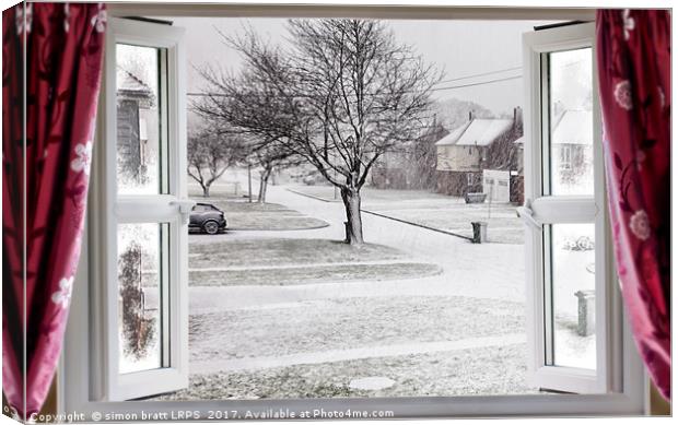 Beautiful winter scene through an open window Canvas Print by Simon Bratt LRPS