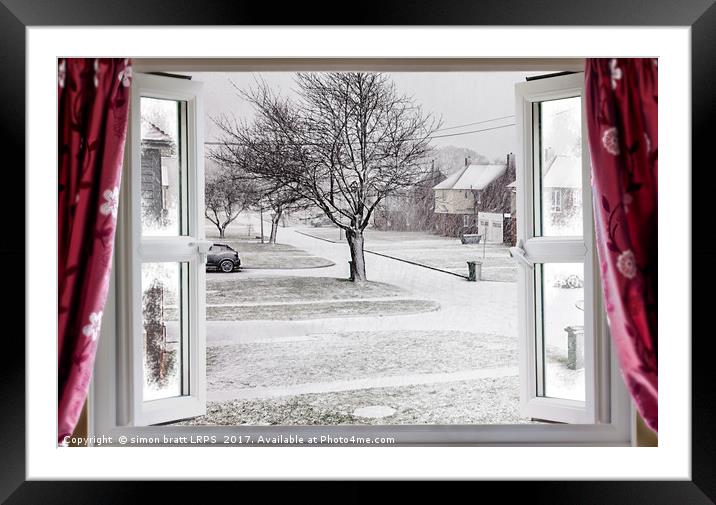 Beautiful winter scene through an open window Framed Mounted Print by Simon Bratt LRPS