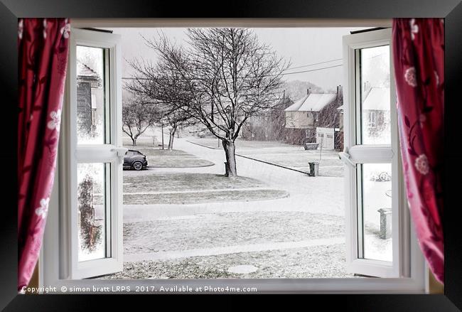 Beautiful winter scene through an open window Framed Print by Simon Bratt LRPS