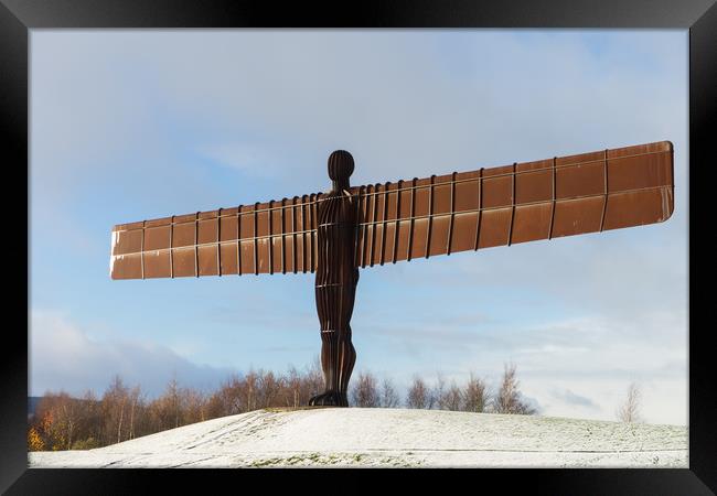 Angel of the North in the snow  Framed Print by David Graham