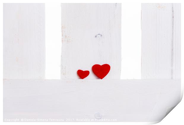 Big and small red hearts on a fence Print by Daniela Simona Temneanu