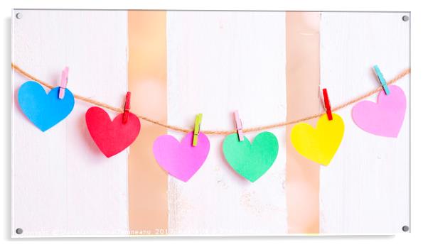 Multicolored hearts tied on a string Acrylic by Daniela Simona Temneanu