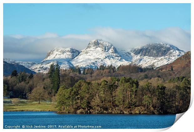 The Langdale Pikes in winter Lake District Print by Nick Jenkins