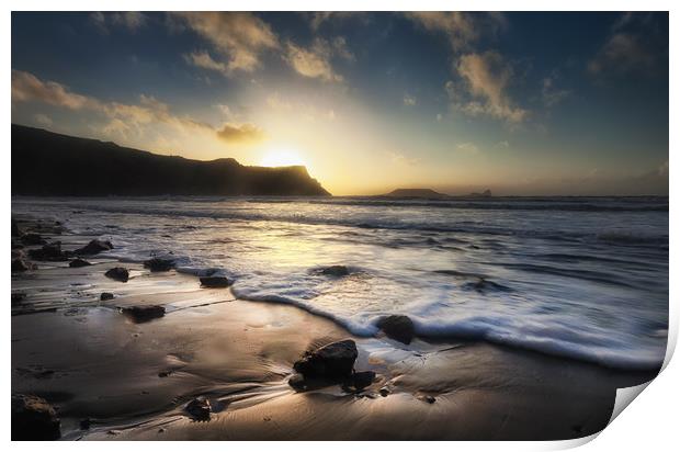 Sunset at Rhossili Bay Print by Leighton Collins