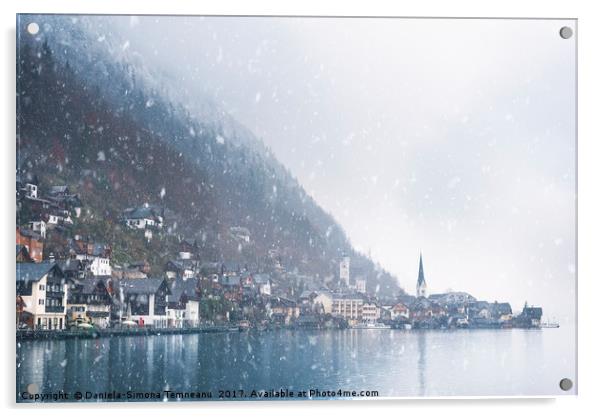 Austrian mountain town under snowfall Acrylic by Daniela Simona Temneanu
