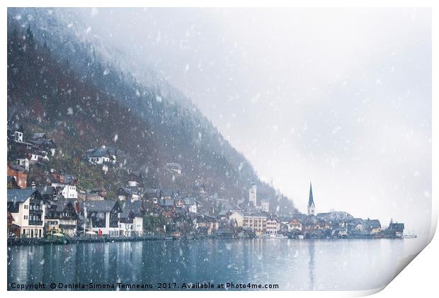 Austrian mountain town under snowfall Print by Daniela Simona Temneanu