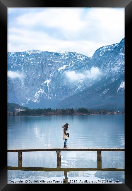 Woman on a bridge in the Austrian Alps Framed Print by Daniela Simona Temneanu